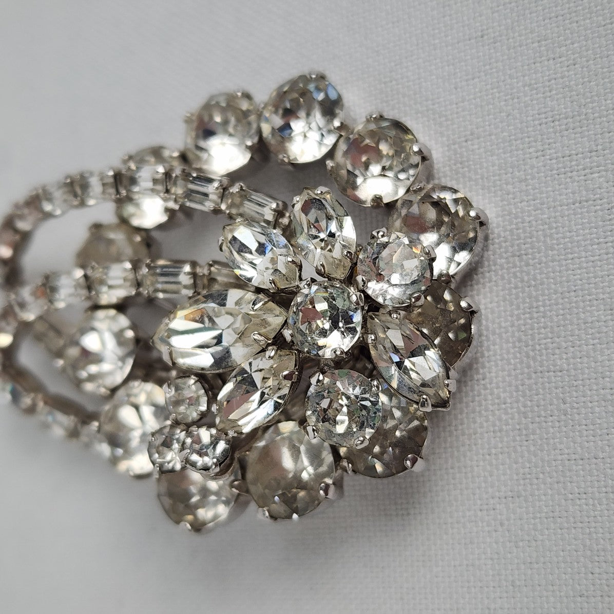 Vintage Sherman Clear Crystal Floral Silver Tone Brooch