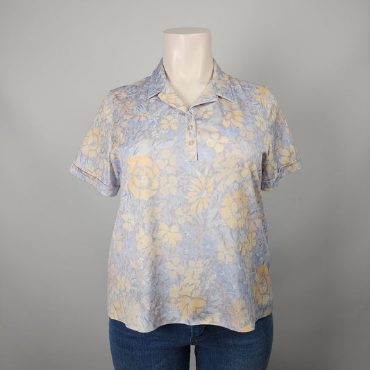 Vintage Blue & Yellow Floral Button Down Blouse Top Size L/XL