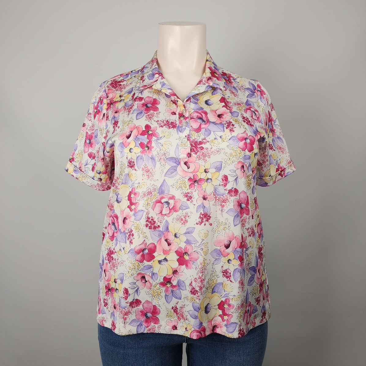 Vintage Floral Short Sleeve Button Down Top Size L/XL