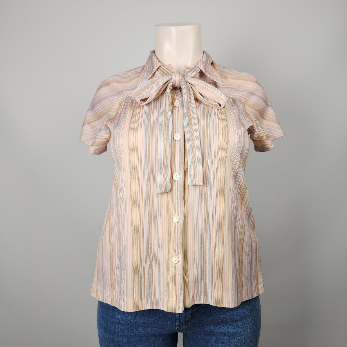 Vintage Handmade Cream Striped Neck Tie Button Up Blouse Top Size L/XL