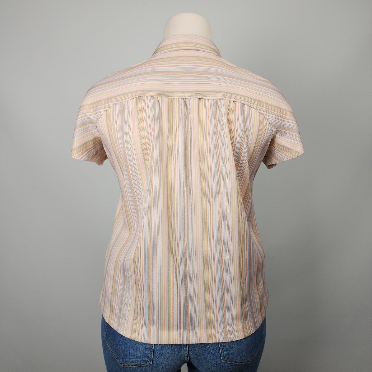 Vintage Handmade Cream Striped Neck Tie Button Up Blouse Top Size L/XL