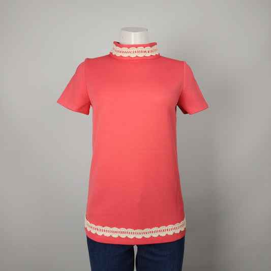 Vintage Handmade Coral & White Lace Trim Short Sleeve Top Size S