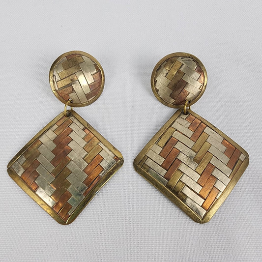 Vintage Multi Tone Basket Weave Diagonal Drop Earrings