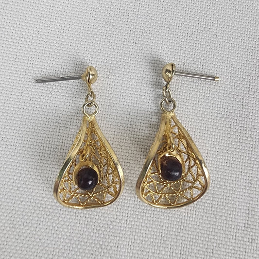 Vintage Gold Tone Brown Stone Delicate Drop Earrings