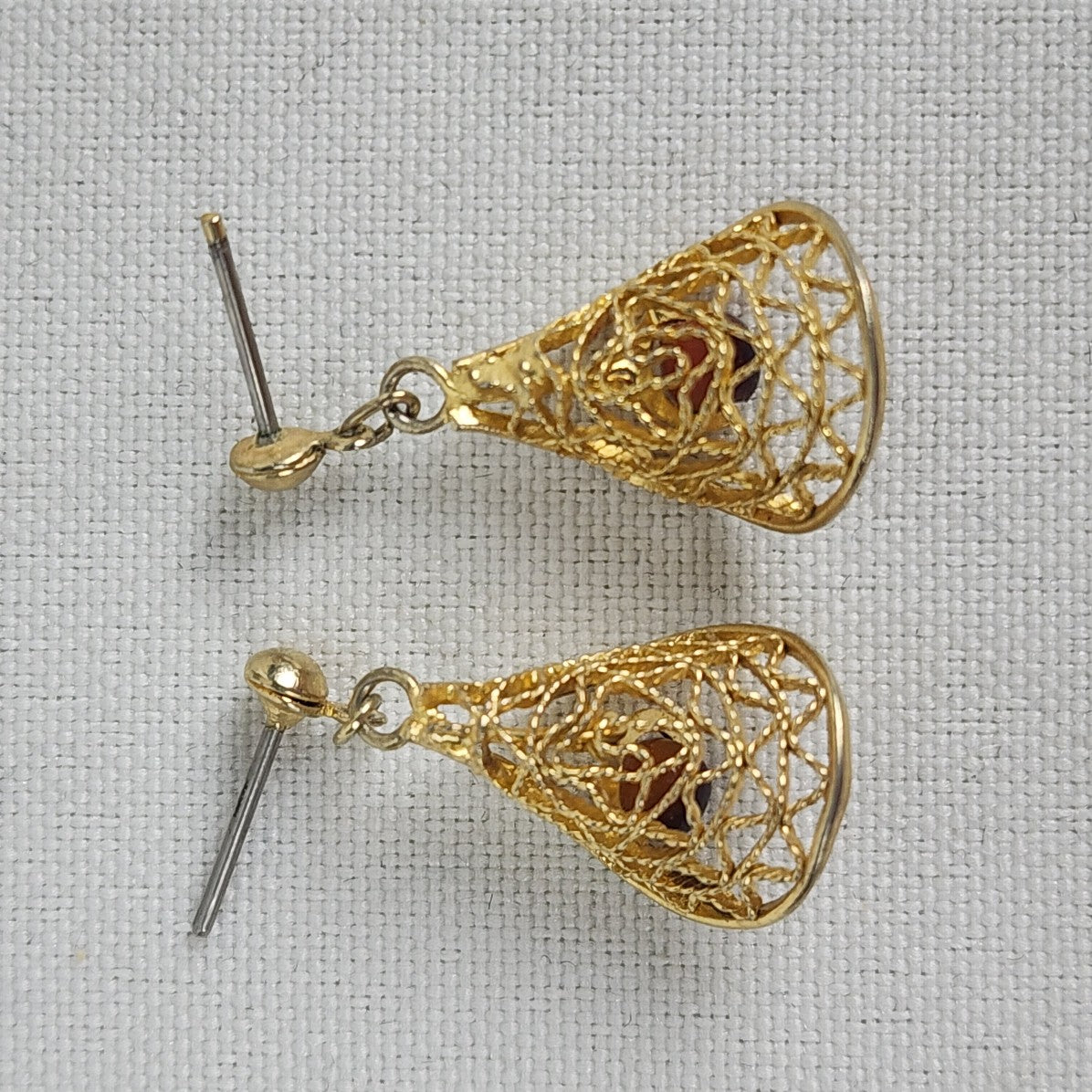 Vintage Gold Tone Brown Stone Delicate Drop Earrings