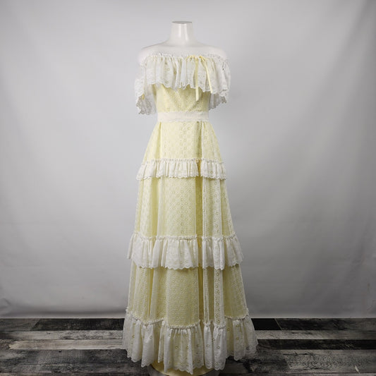 Vintage Dance Allure Yellow Lace Tiered Maxi Dress Size S