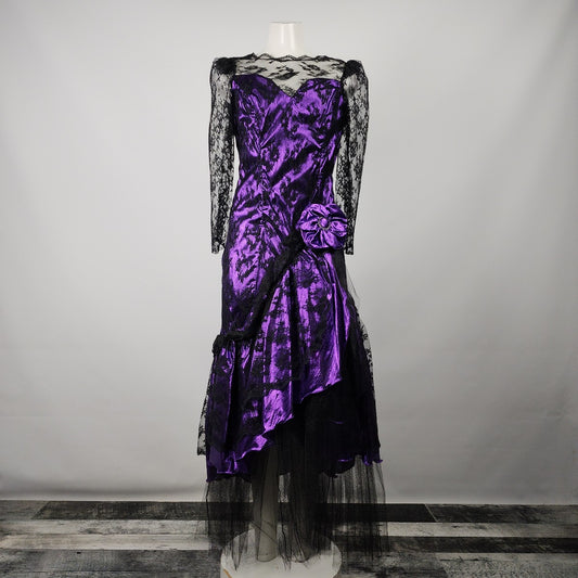 Vintage 80s Black & Purple Lace Tulle Party Dress Size S