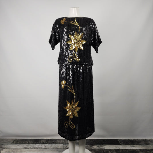 Vintage Black & Gold Sequined Floral Skirt Set Size S/M