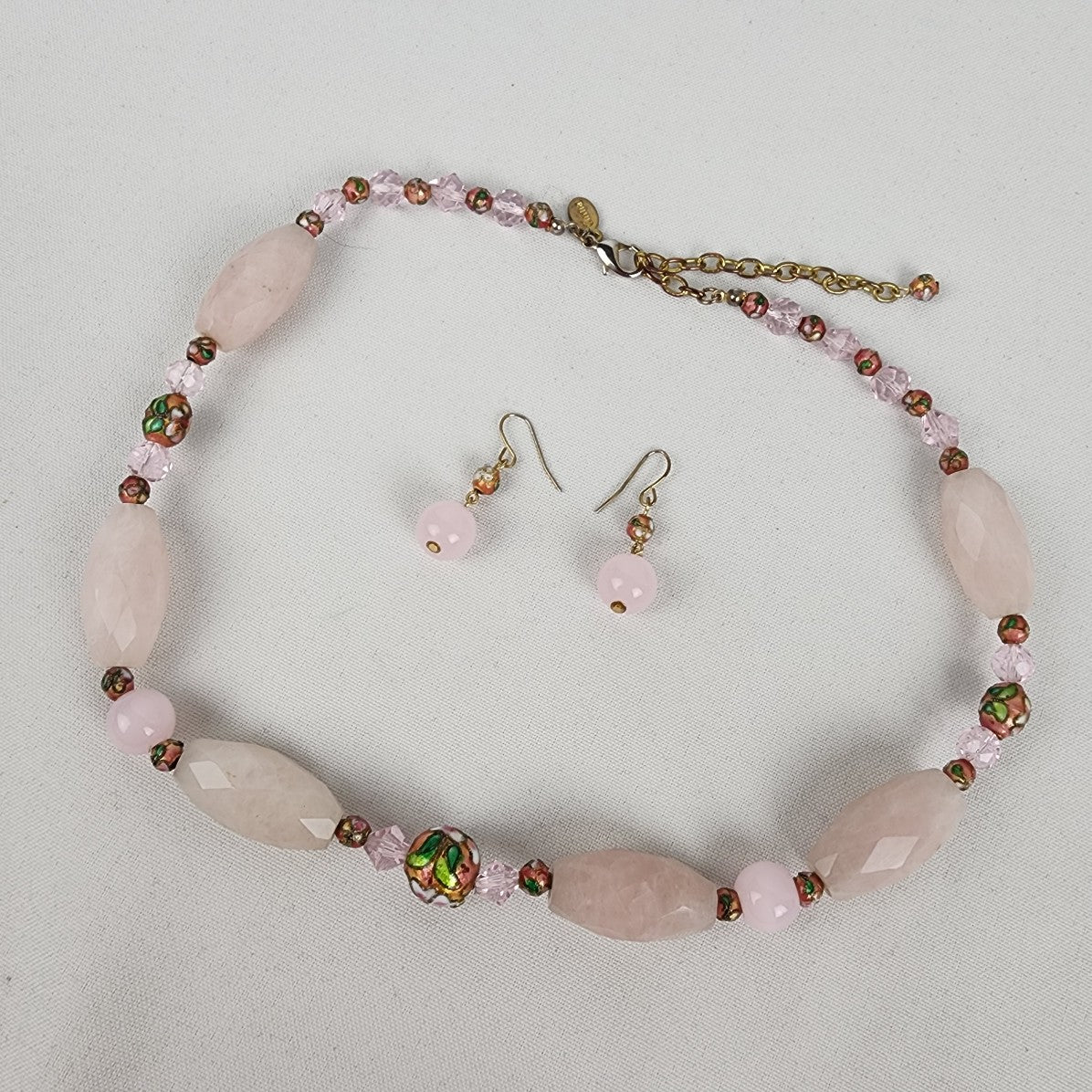 Pink Natural Stone Floral Beaded Necklace & Earring Set