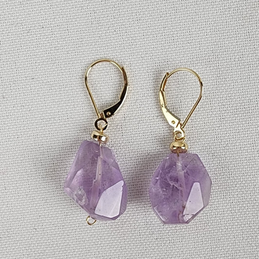 14K Gold Purple Natural Stone Drop Earrings