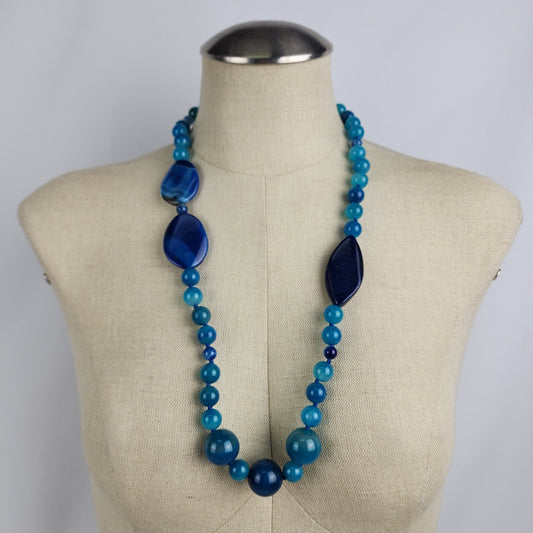 Blue Natural Stone Beaded Long Necklace 925 Sterling Clasp