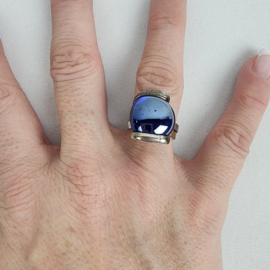 Silver Blue Glass Wire Wrap Ring Size 7