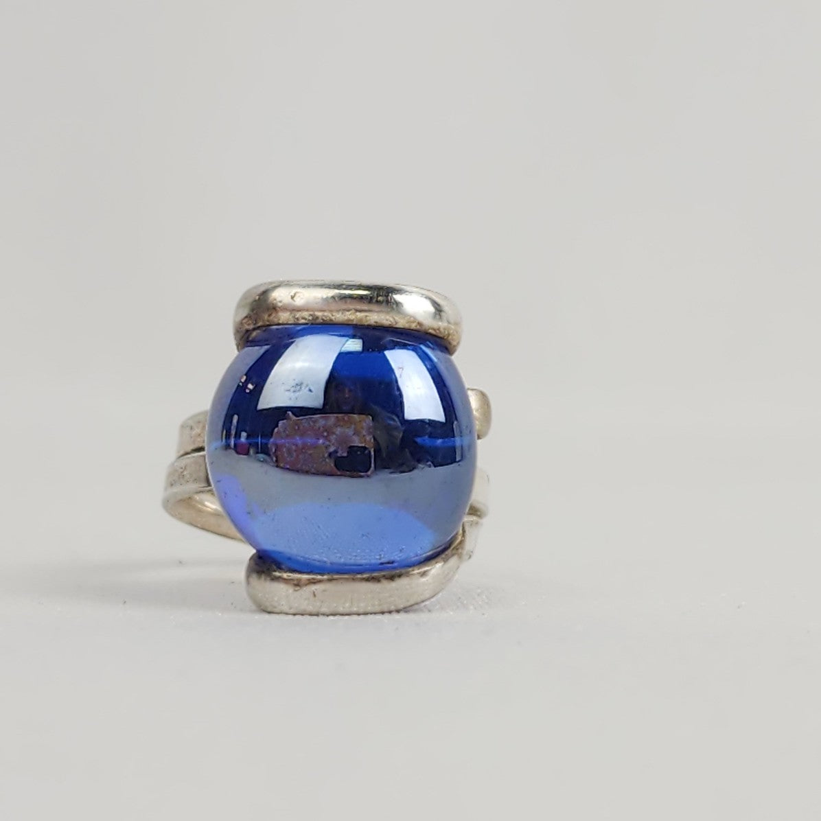 Silver Blue Glass Wire Wrap Ring Size 7