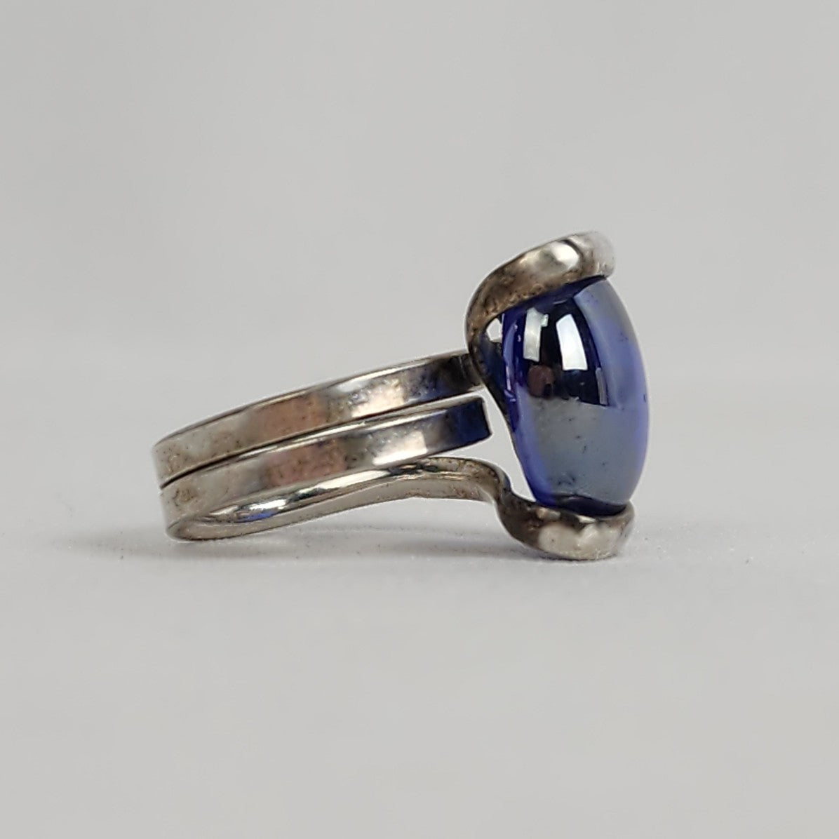 Silver Blue Glass Wire Wrap Ring Size 7