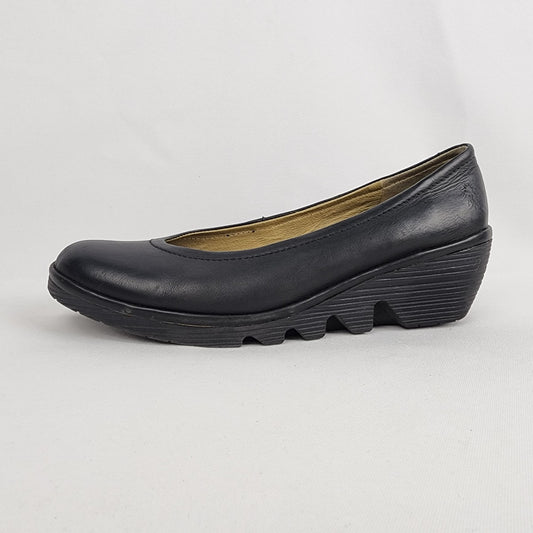 Fly London Black Leather Wedge Heel Shoes Size 9