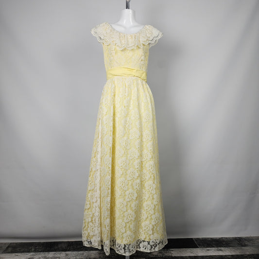 Vintage Yellow Lace Event Maxi Dress Size XS