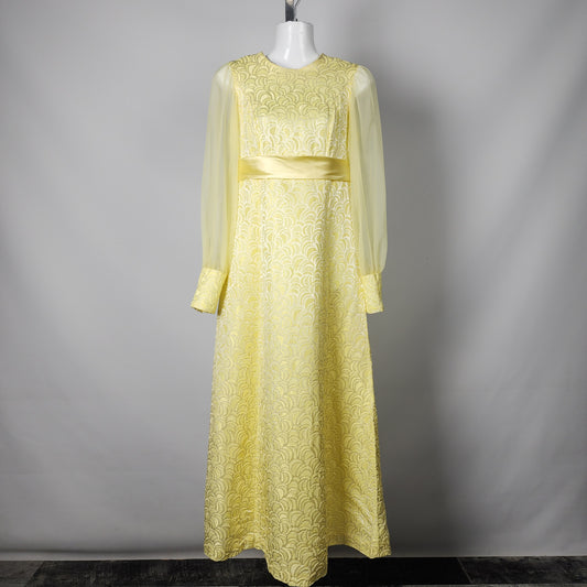 Vintage Yellow Satin Floral Sheer Sleeves Long Event Dress Size XS