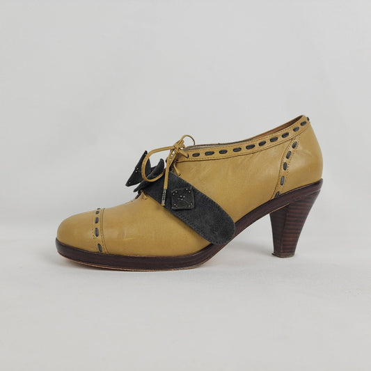 Ventilo Yellow Leather Lace Up Heeled Booties Size 9