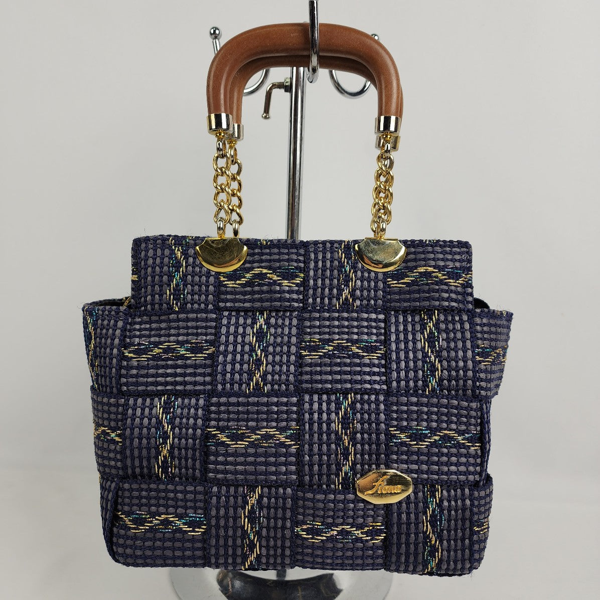 Vintage Fiona Navy Blue Woven Wood Handle Purse