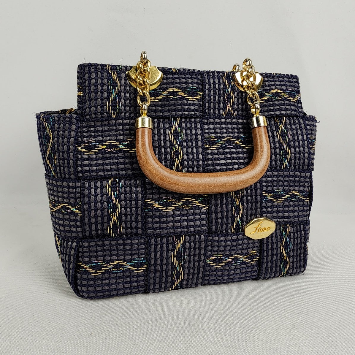 Vintage Fiona Navy Blue Woven Wood Handle Purse