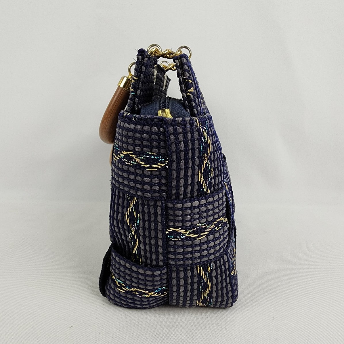 Vintage Fiona Navy Blue Woven Wood Handle Purse