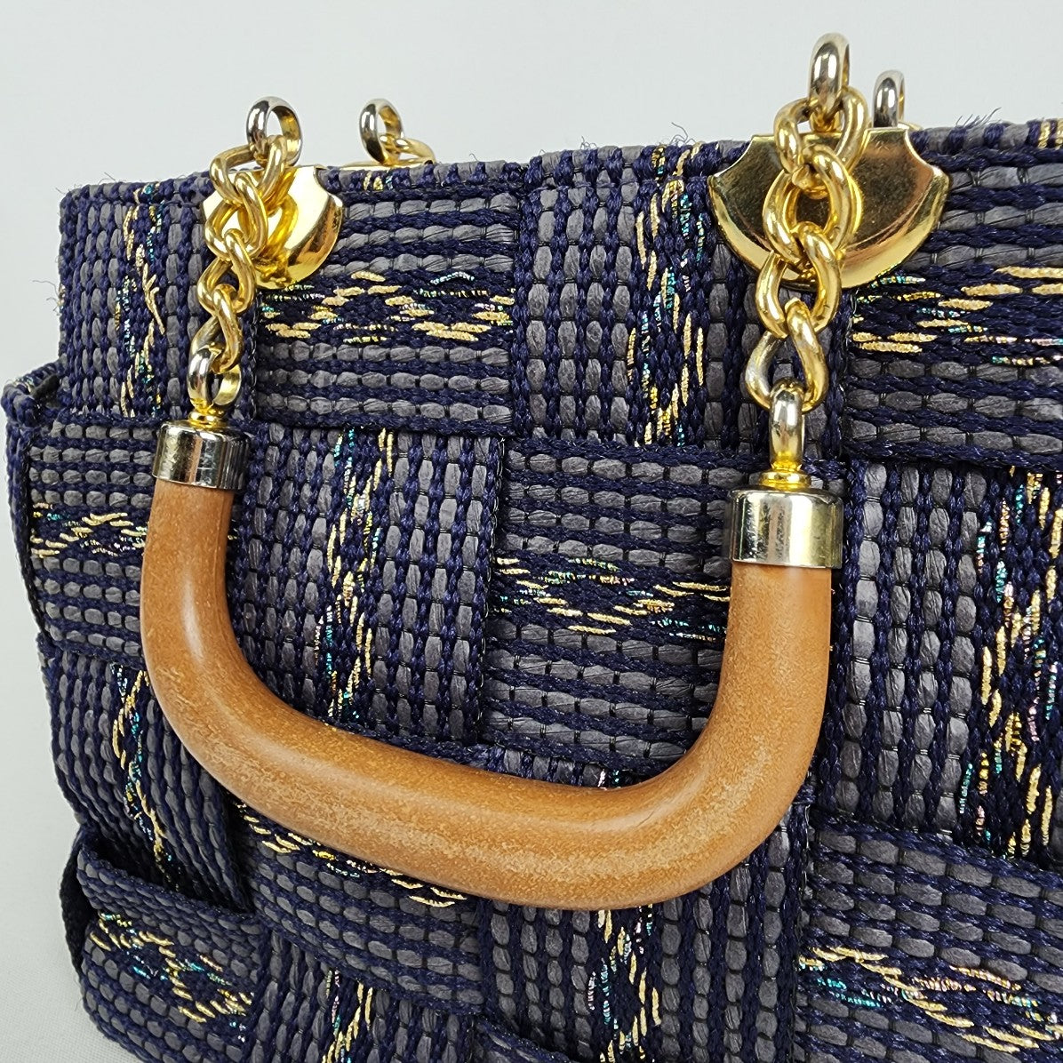 Vintage Fiona Navy Blue Woven Wood Handle Purse