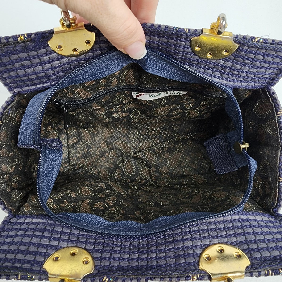 Vintage Fiona Navy Blue Woven Wood Handle Purse