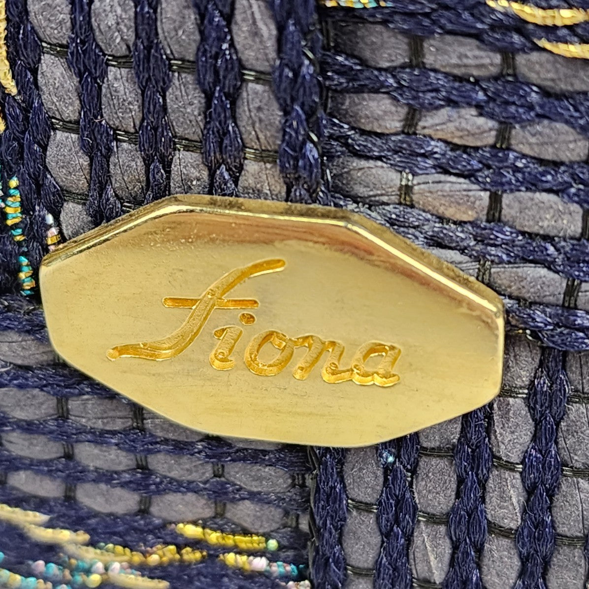 Vintage Fiona Navy Blue Woven Wood Handle Purse