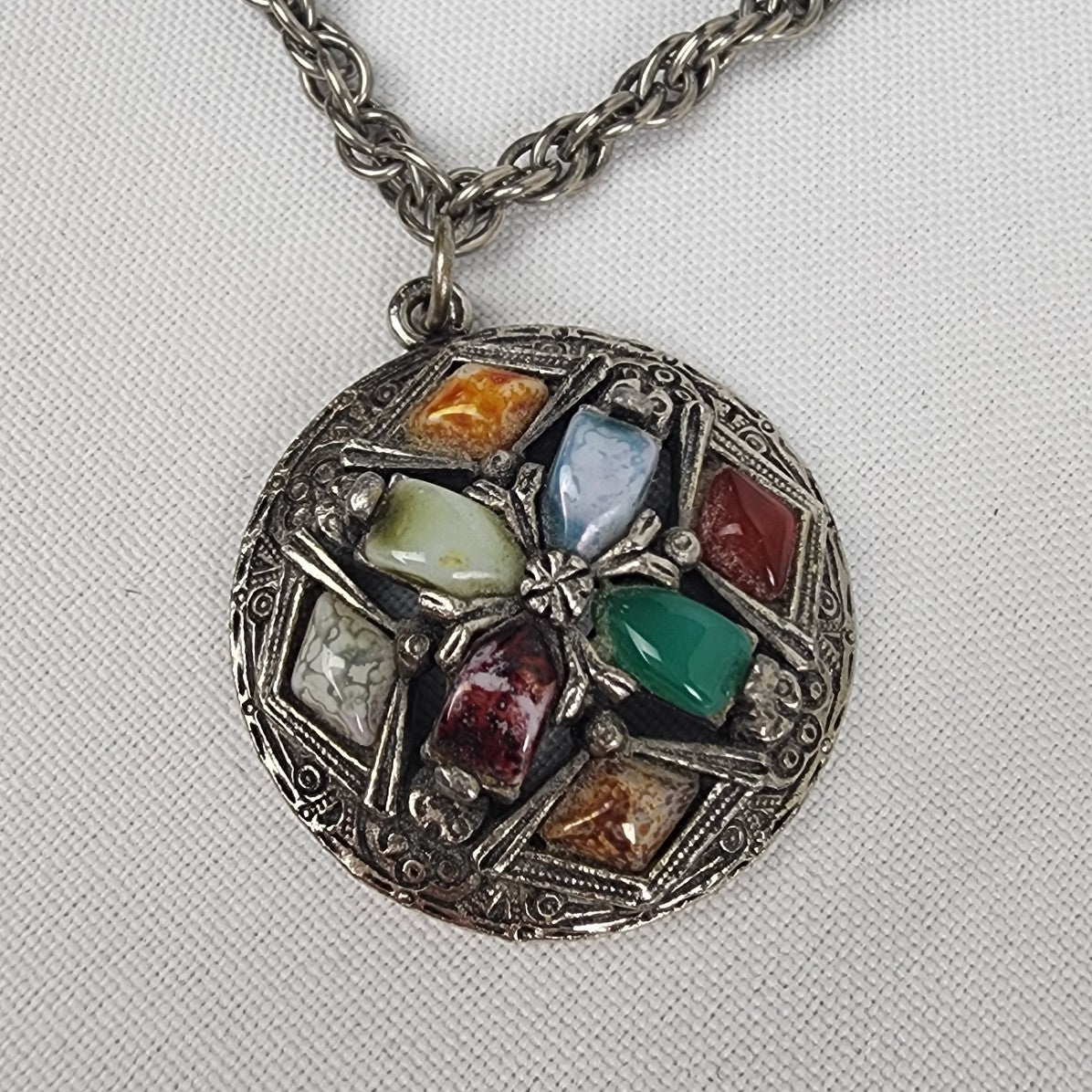 Vintage Celtic Natural Stone Silver Tone Pendant Chain Necklace