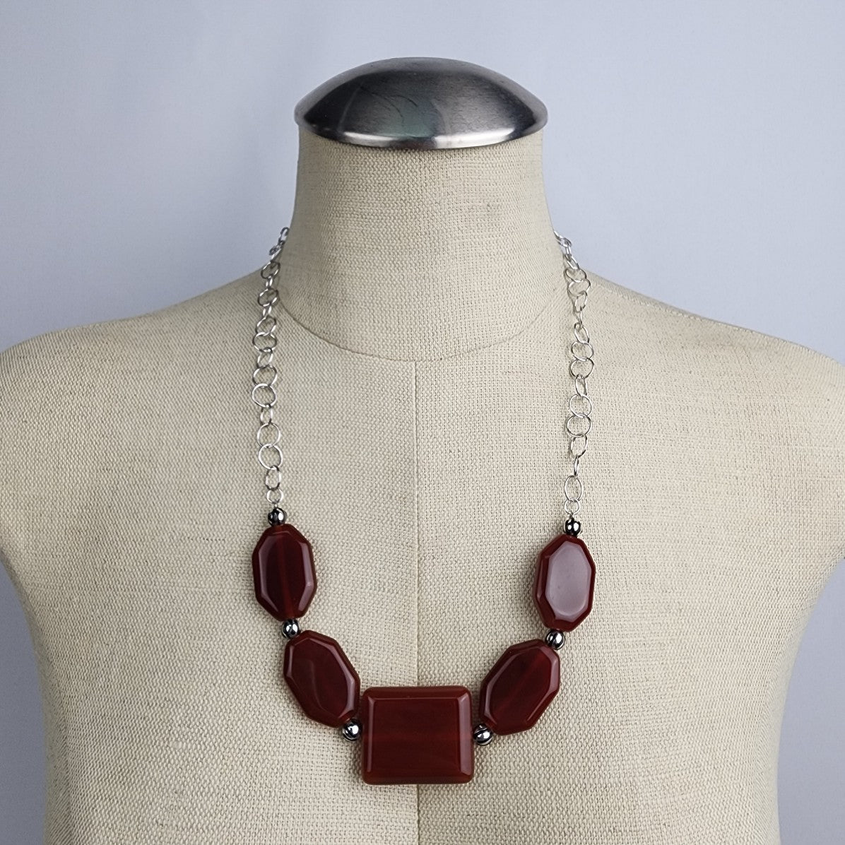 925 Sterling Silver Red Brown Natural Stone Chain Necklace