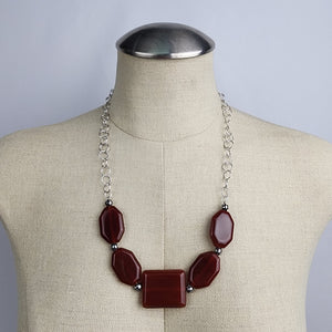 925 Sterling Silver Red Brown Natural Stone Chain Necklace