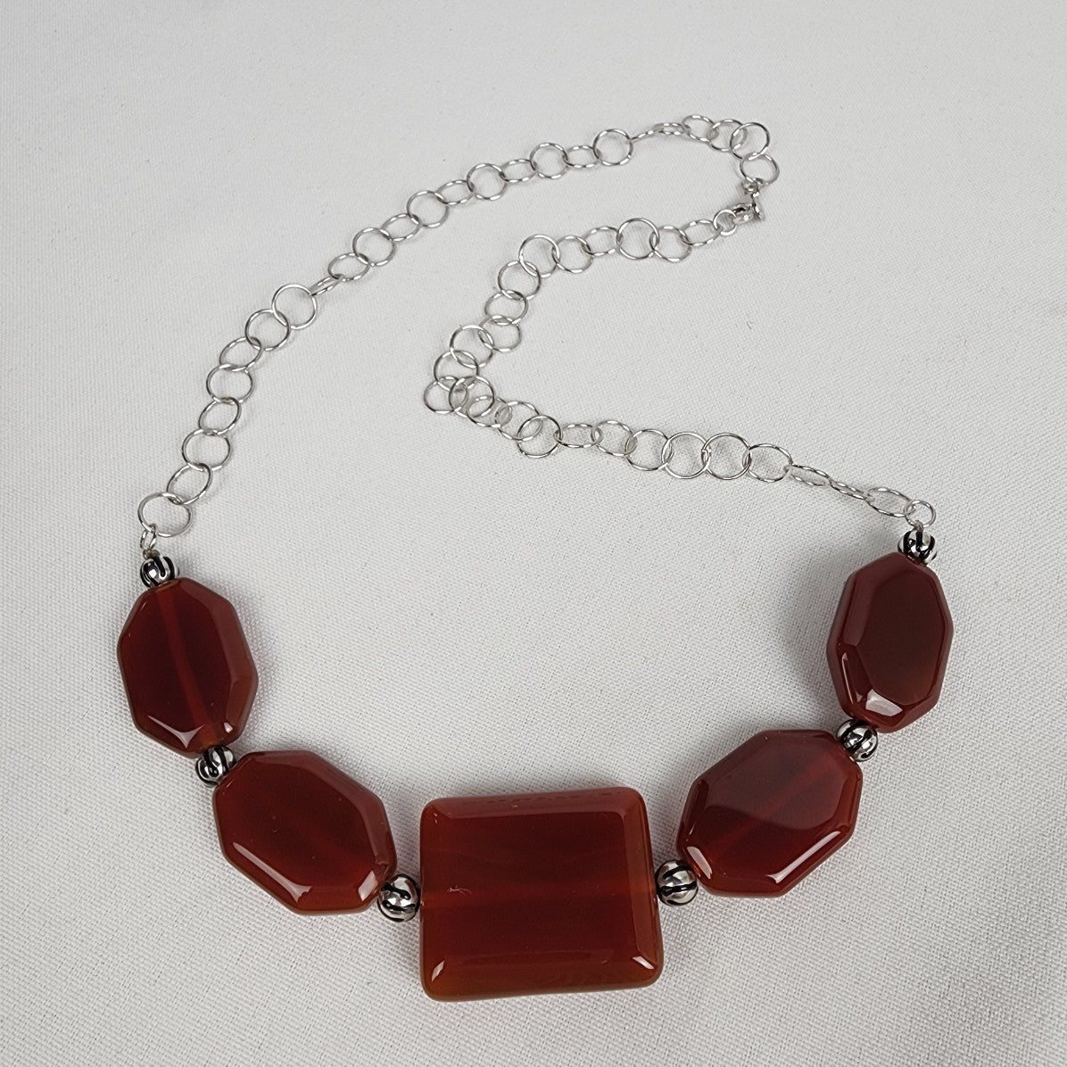 925 Sterling Silver Red Brown Natural Stone Chain Necklace