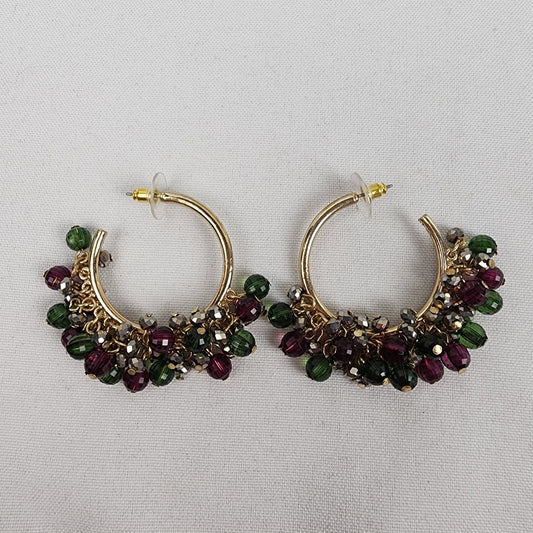 Gold Tone Green & Brown Beaded Drop Hoop Earrings