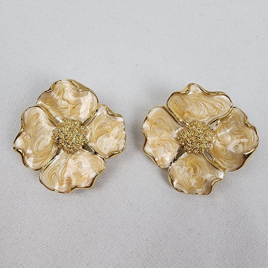 Vintage Gold Tone Enamel Flower Statement Clip On Earrings