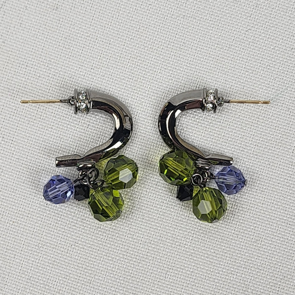 Black Metallic Green Beaded Dangle Hoop Earrings
