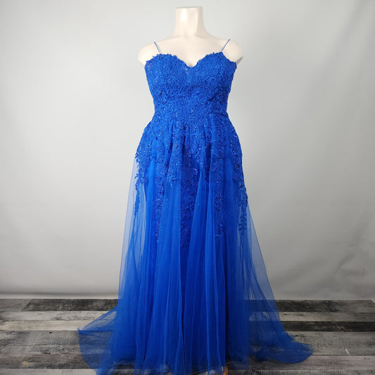 Mori Lee Blue Lace Beaded Tulle Gown Size L/Xl
