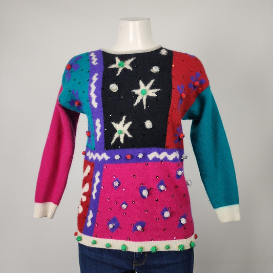 Vintage SK & Company Lambswool Pink & Teal Christmas Sweater Size S