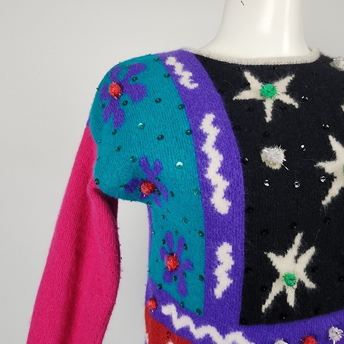 Vintage SK & Company Lambswool Pink & Teal Christmas Sweater Size S