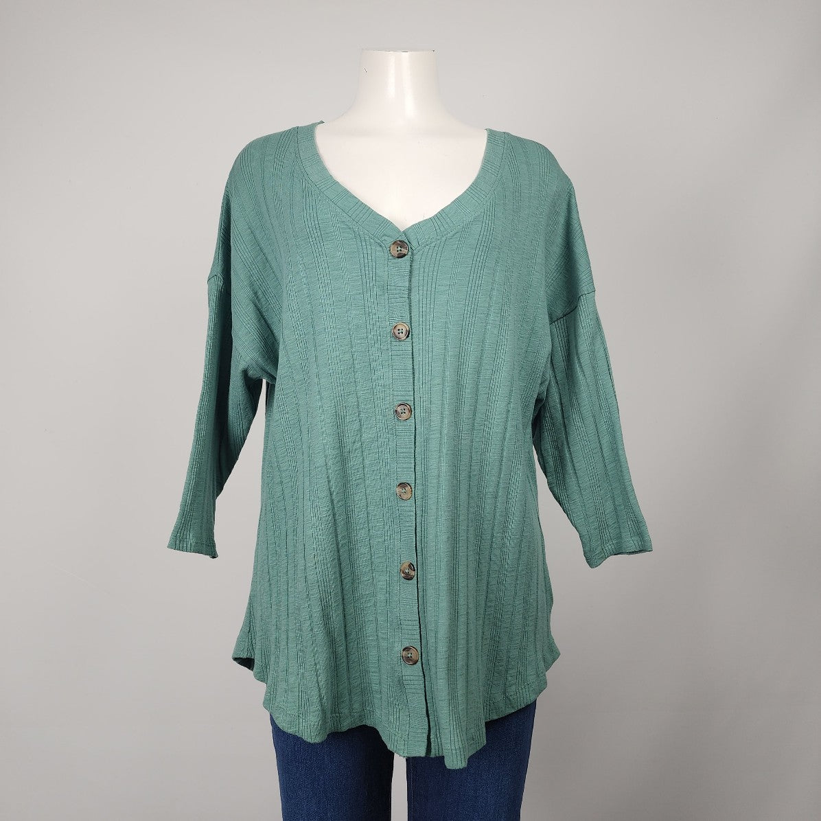 Natural Reflections Green Cotton Rib Knit 3/4 Sleeve Top Size L