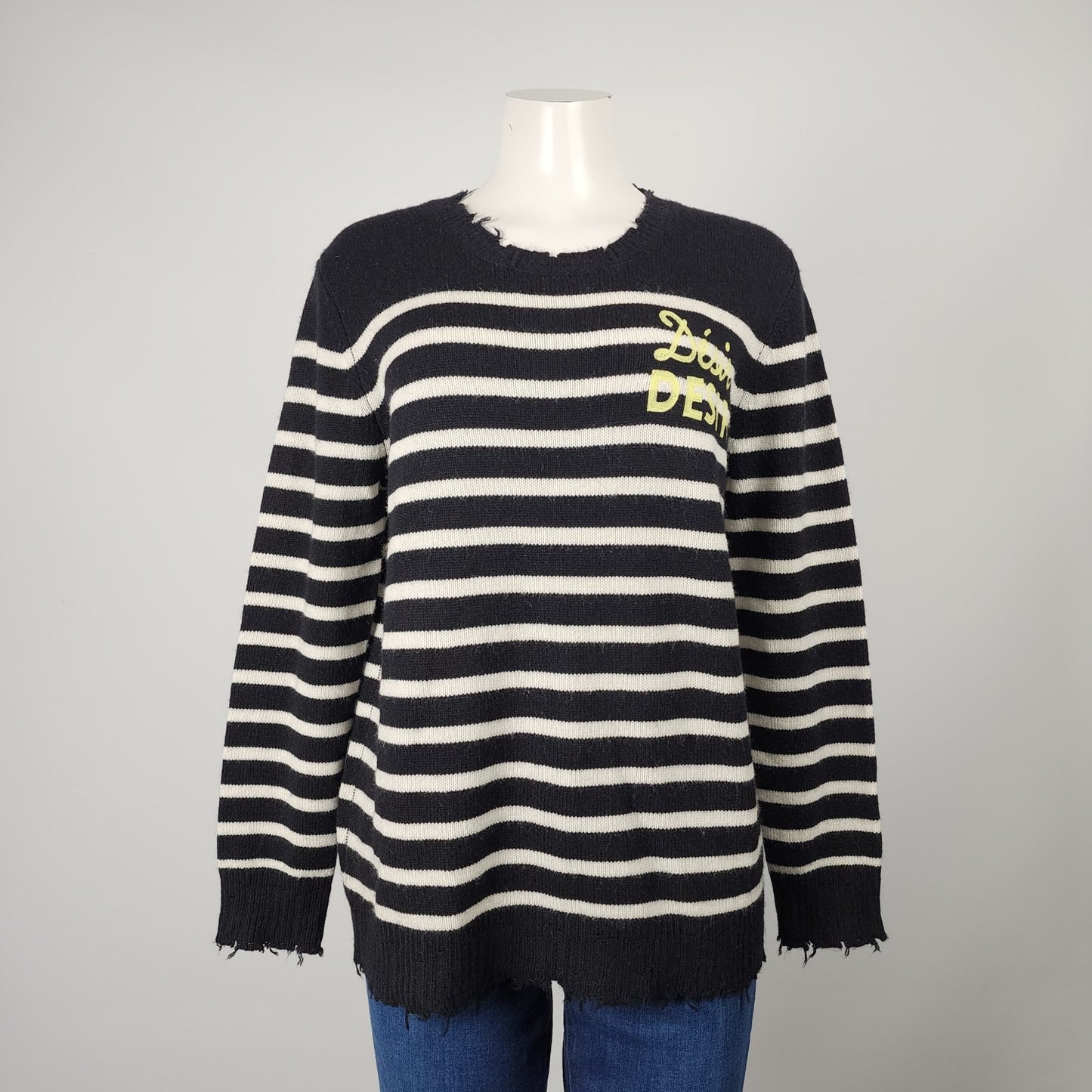 Desir Recycled Distressed Wool Cashmere Black Striped Sweater Size S