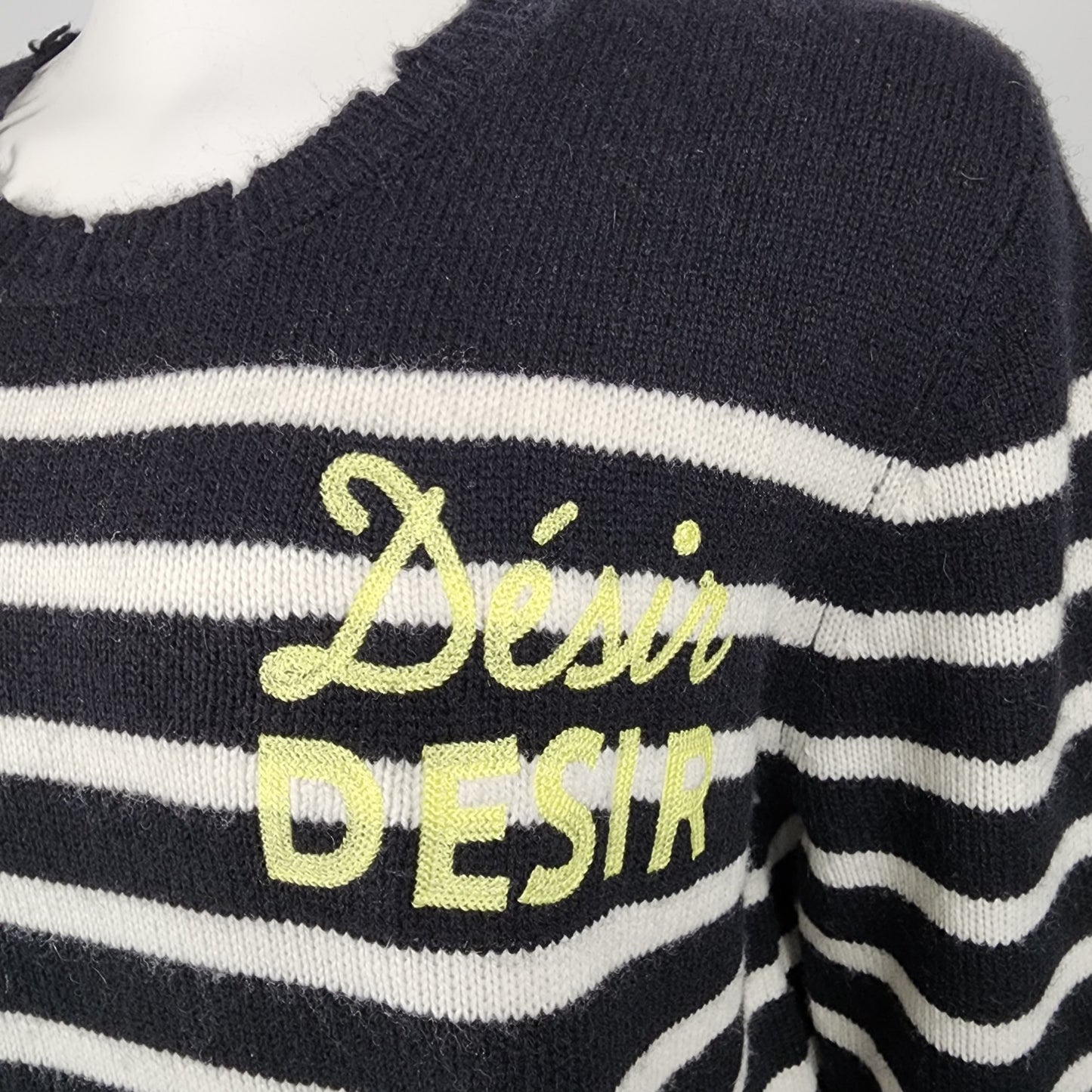 Desir Recycled Distressed Wool Cashmere Black Striped Sweater Size S