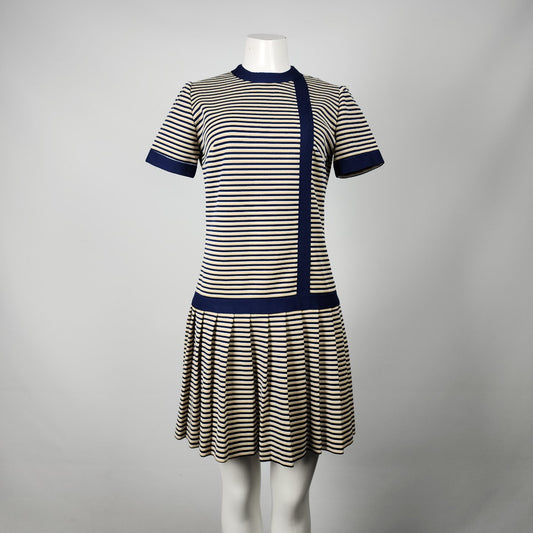 Vintage Leslie Fay Yellow & Navy Striped Drop Waist Dress Size S/M