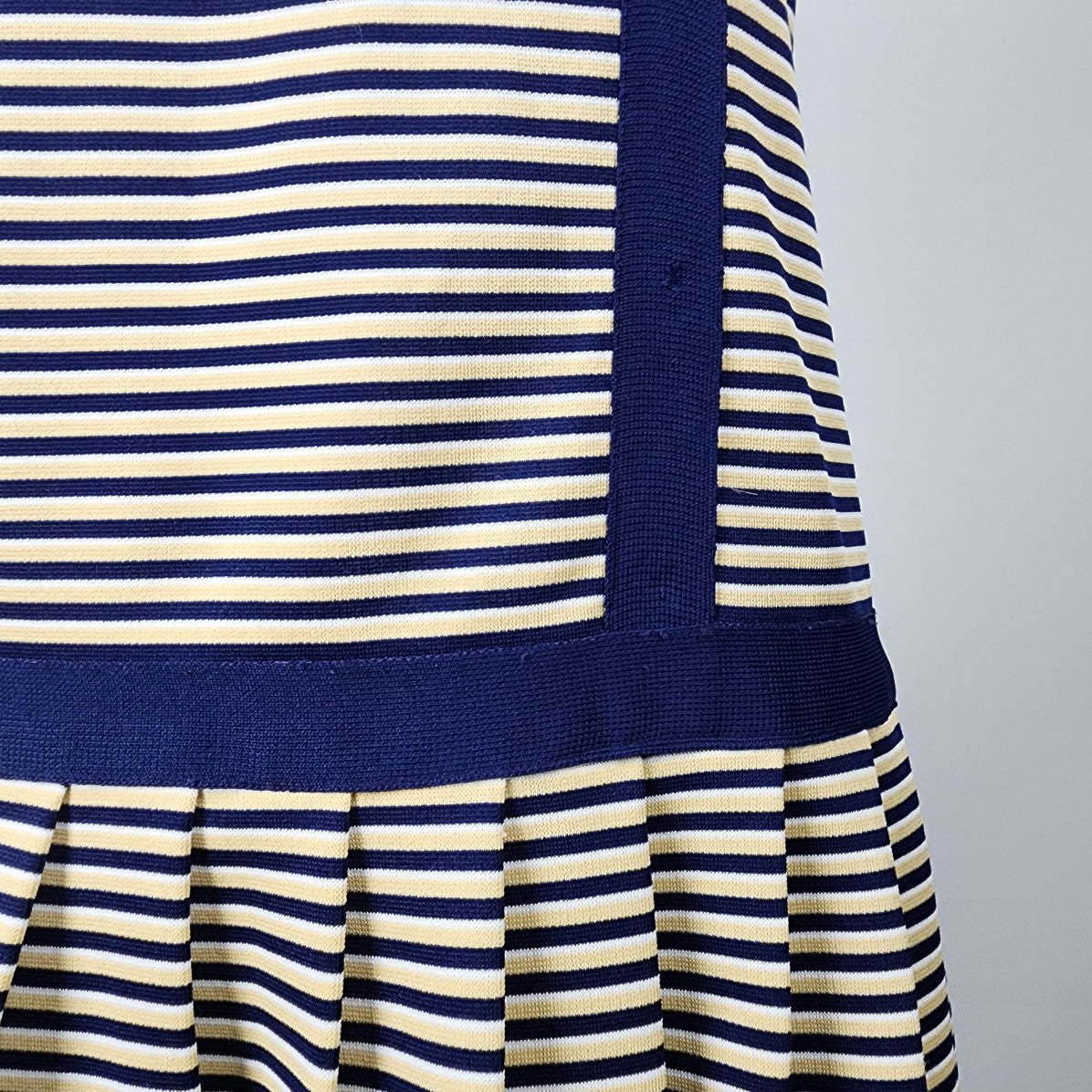 Vintage Leslie Fay Yellow & Navy Striped Drop Waist Dress Size S/M