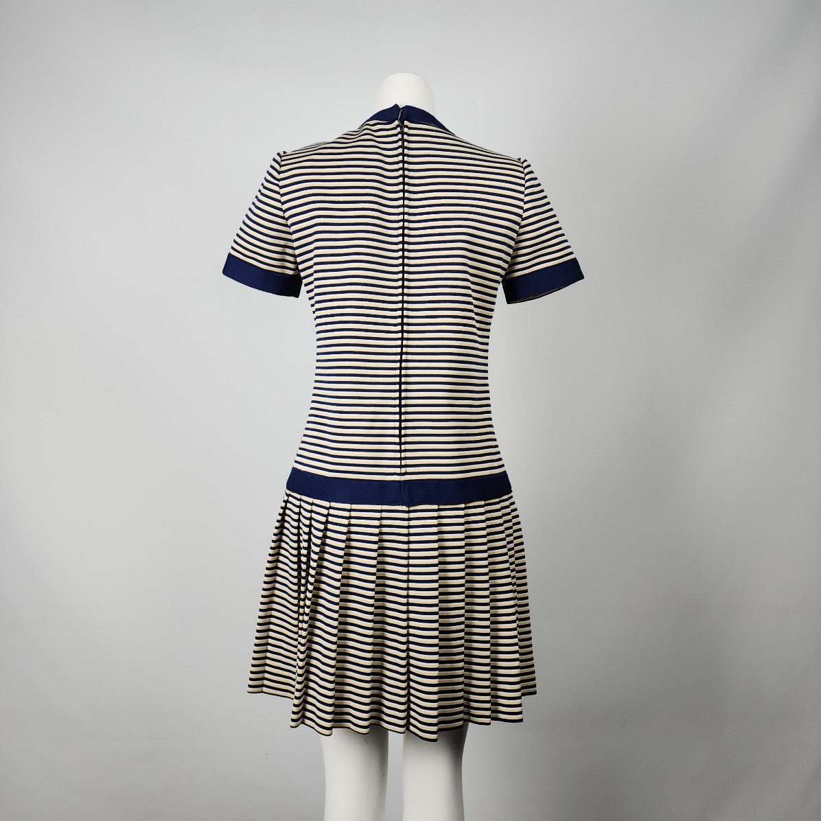 Vintage Leslie Fay Yellow & Navy Striped Drop Waist Dress Size S/M