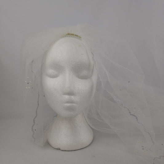White & Silver Pearl Crystal Edged Bridal Veil