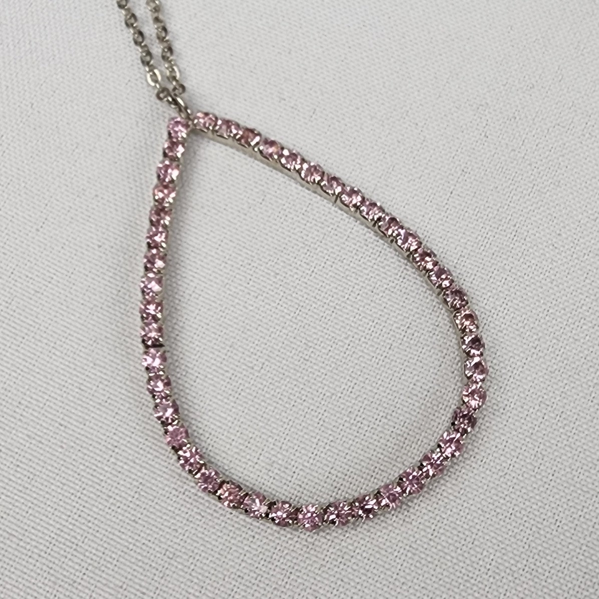 Silver & Pink Rhinestone Pendant Long Necklace