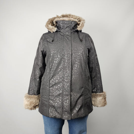 Marcona Grey Animal Print Fur Collar Winter Jacket Size L