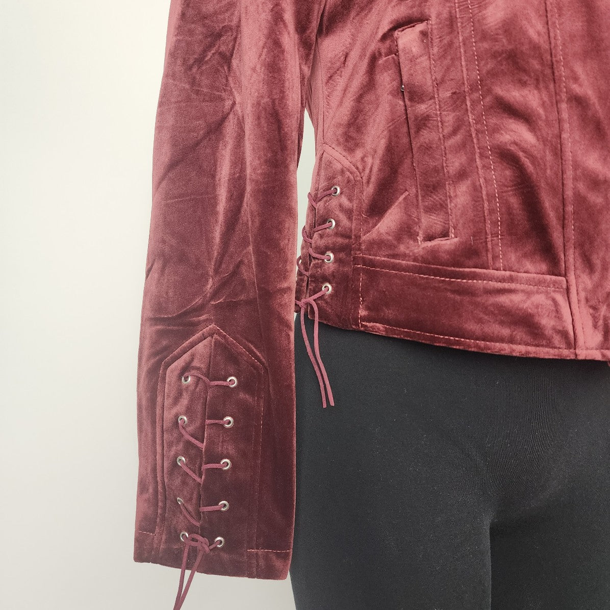 Ashley Burgundy Velvet Zip Up Moto Jacket Size M