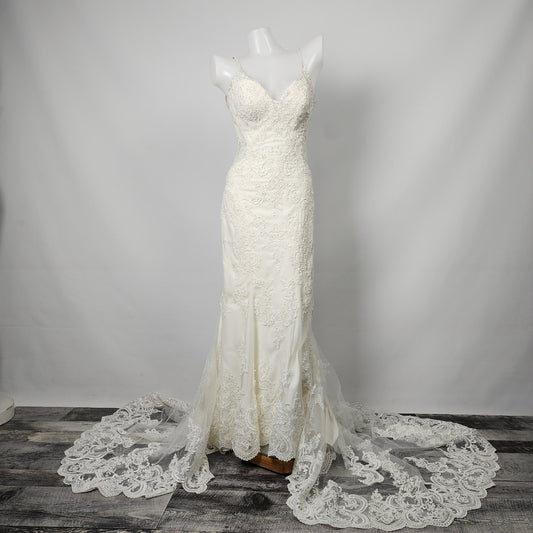 Martina Liana White Lace Beaded Long Train Wedding Gown Size S/M