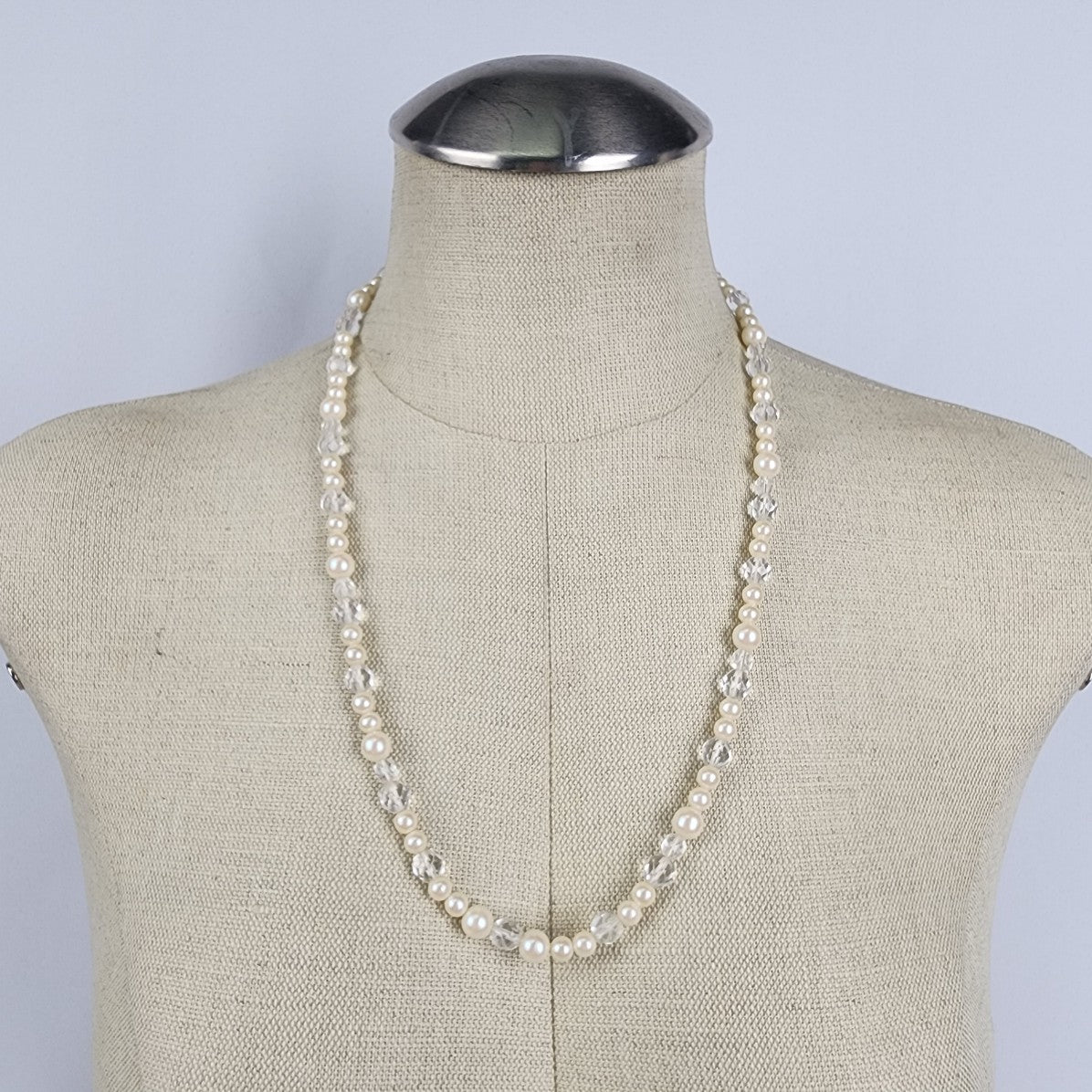 Vintage Faux Pearl Clear Crystal Beaded Necklace